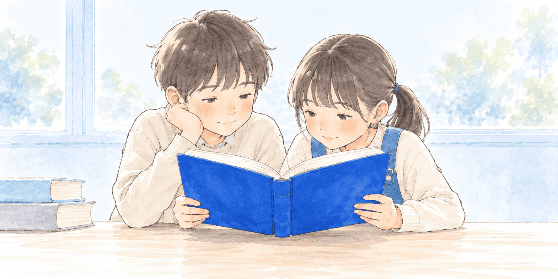 窓辺で1冊の本を一緒に読む2人の子ども