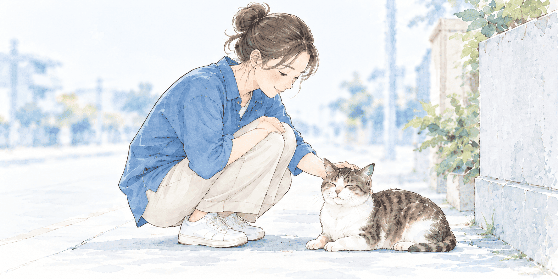 街角でしゃがんで猫をなでる人